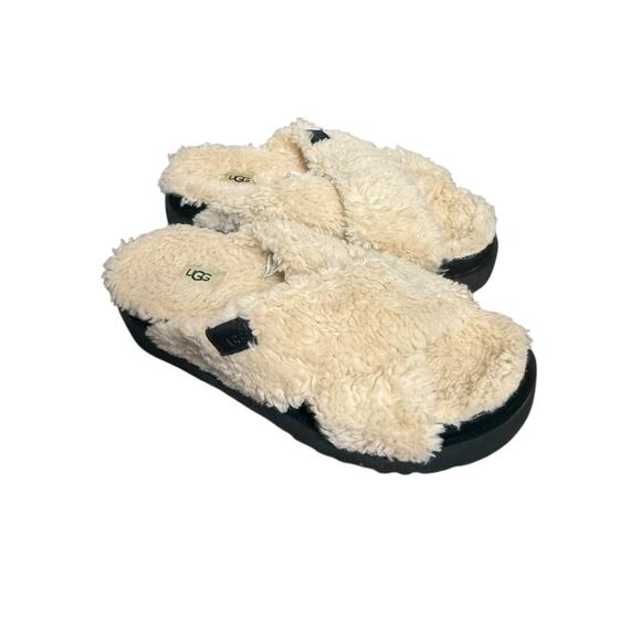 UGG Fuzz Sugar Cream Black Cross Platform Slip On Slide Slippers Women’s Size 9 - Picture 5 of 8